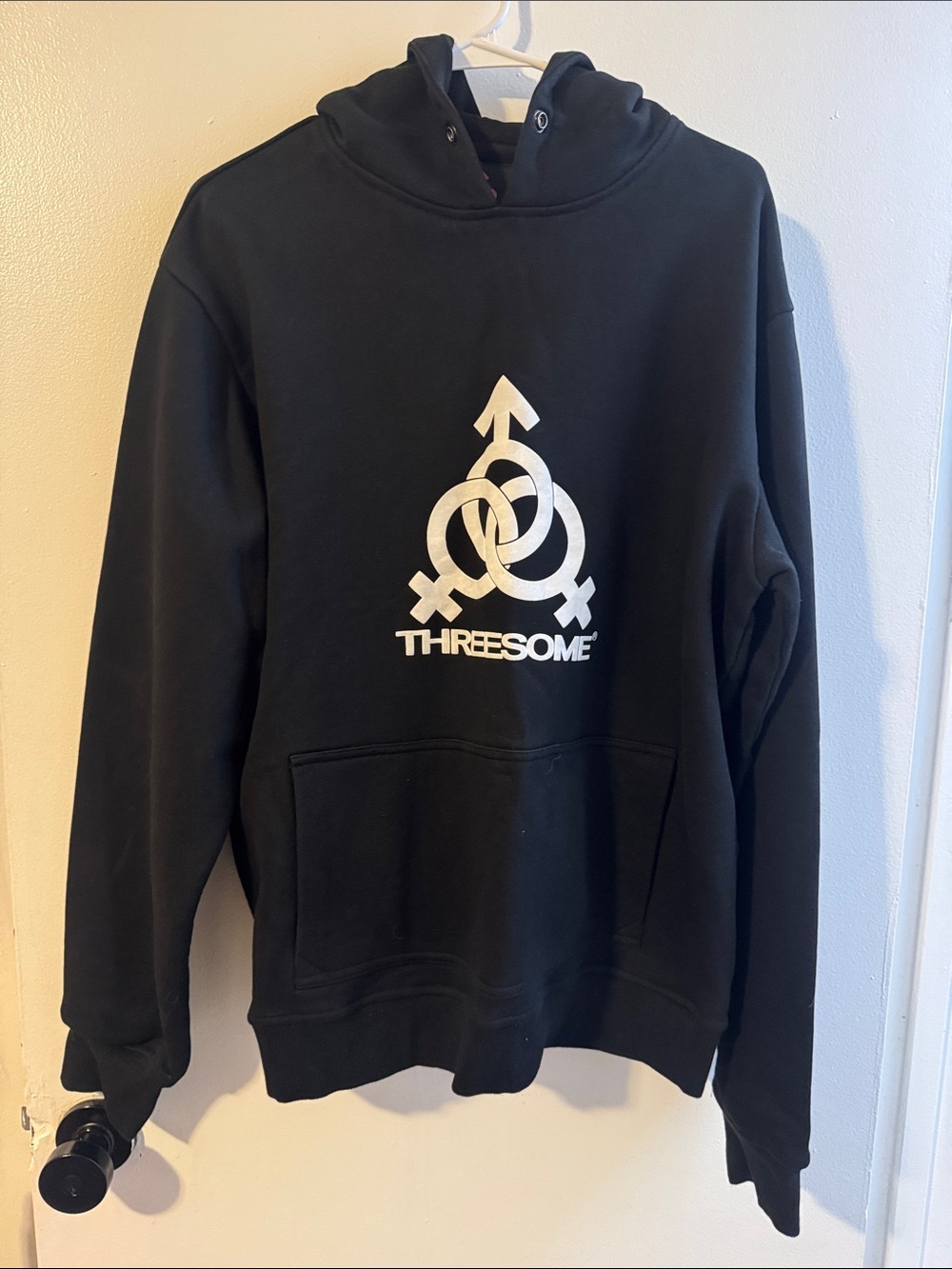 Threesome Black Pullover Hoodie with White Graphic - Men's Sweatshirt size m
